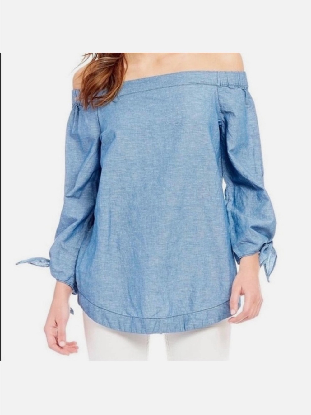 Free People Light Blue Off-Shoulder Chambray Tie-Sleeve Top